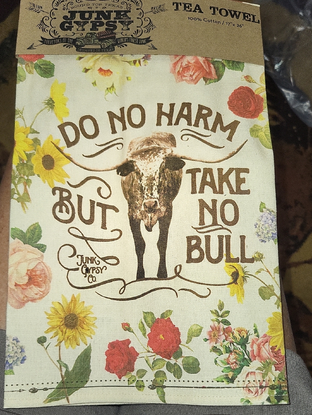 Junk Gypsy Do No Harm, Take No Bull Floral Cotton Tea Towel - Cream/Brown